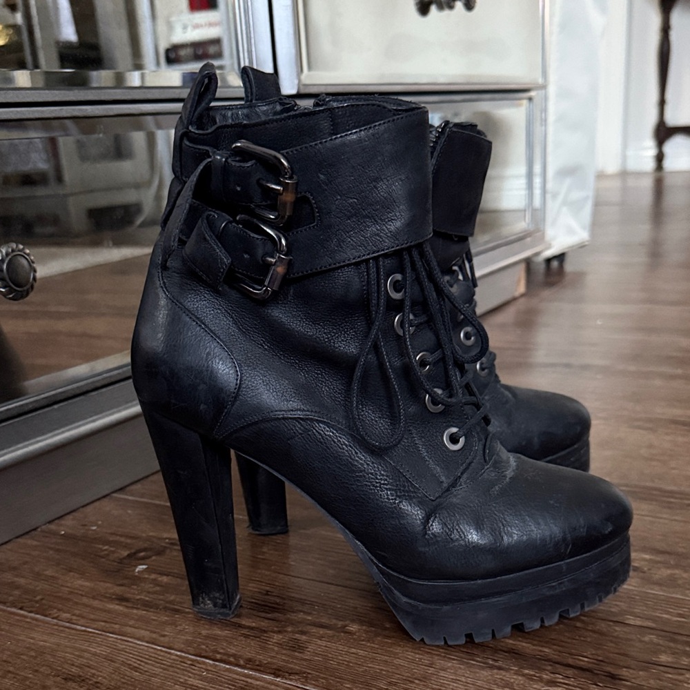 Allsaints Black Leather Heeled Lace Up Moto Ankle Boots - Picture 2 of 8